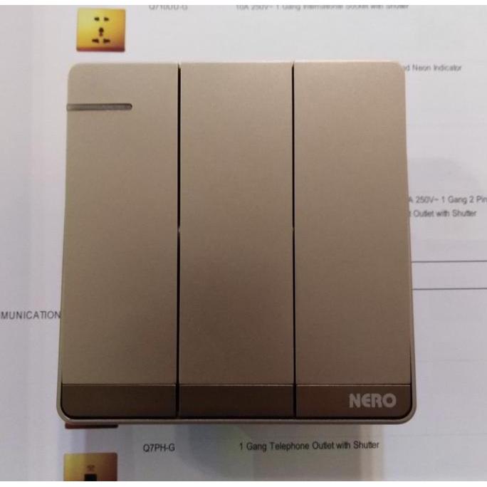 Saklar triple NERO tipe decora q7-g. Saklar isi 3 NERO decora gold terlaris