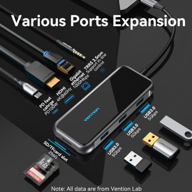 Vention TFL Hub Multiport 9in 1 Docking Station USB Type C To HDMI TRRS VGA PD 100W 4K Acrylic
