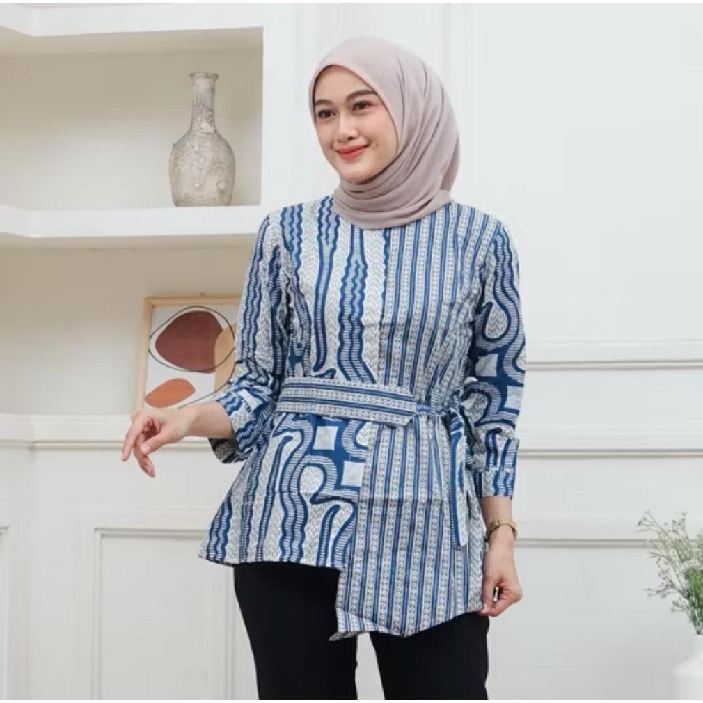 Berkualitas Atasan Blouse Batik Wanita Modern Motif Daun Waru Premium