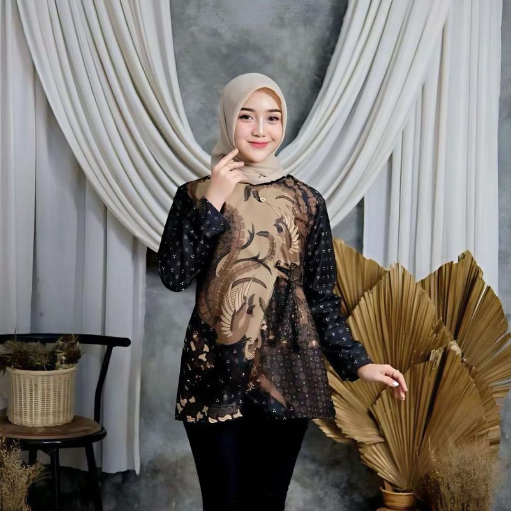 Grosir Kebaya Baju Batik Wanita Moderen Lengan Panjang Puffy Blouse Batik Baju Kerja Wanita Moderen