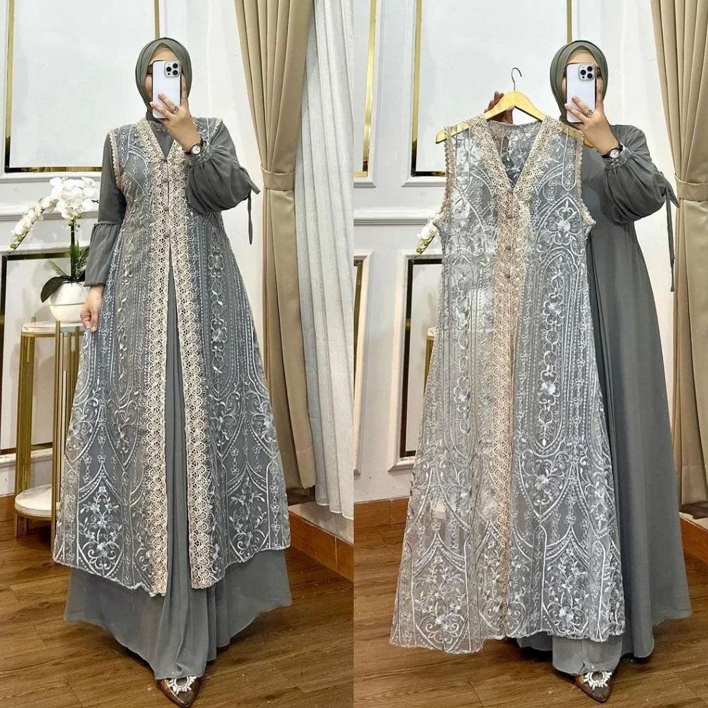 BIG PROMO Gamis Abaya Putih Bunga Azizah Dress Bahan Ceruty Baby Doll Mix Brokat Full Puring Gamis P