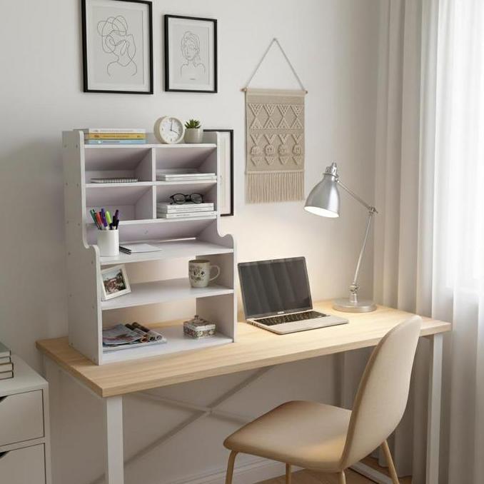 QANTASH Rak Penyimpanan Desktop Serbaguna dan Rak Penyimpanan Buku Alat Tulis Meja Kantor Aesthetic 