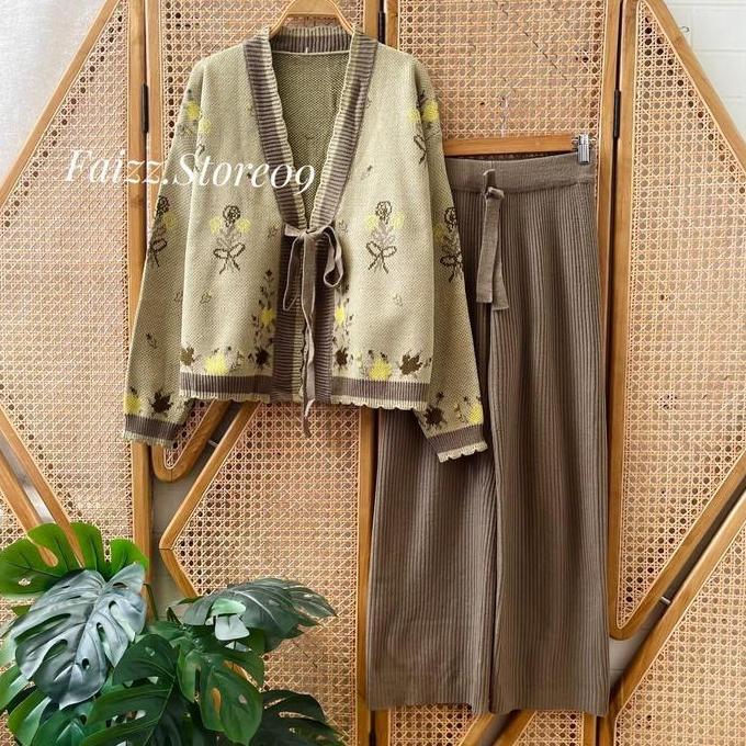 DS2 - Oneset Mosela Cardigan Rajut Tali Pita Motif Bunga Setelan Celana Kulot Wanita Lengan Panjang 