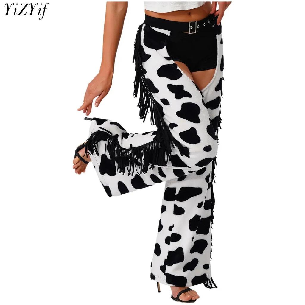 Womens Cowboy Chaps Halloween Party Cowgirl Cosplay Costume Cow Spot Pattern Side Tassel Open Crotch