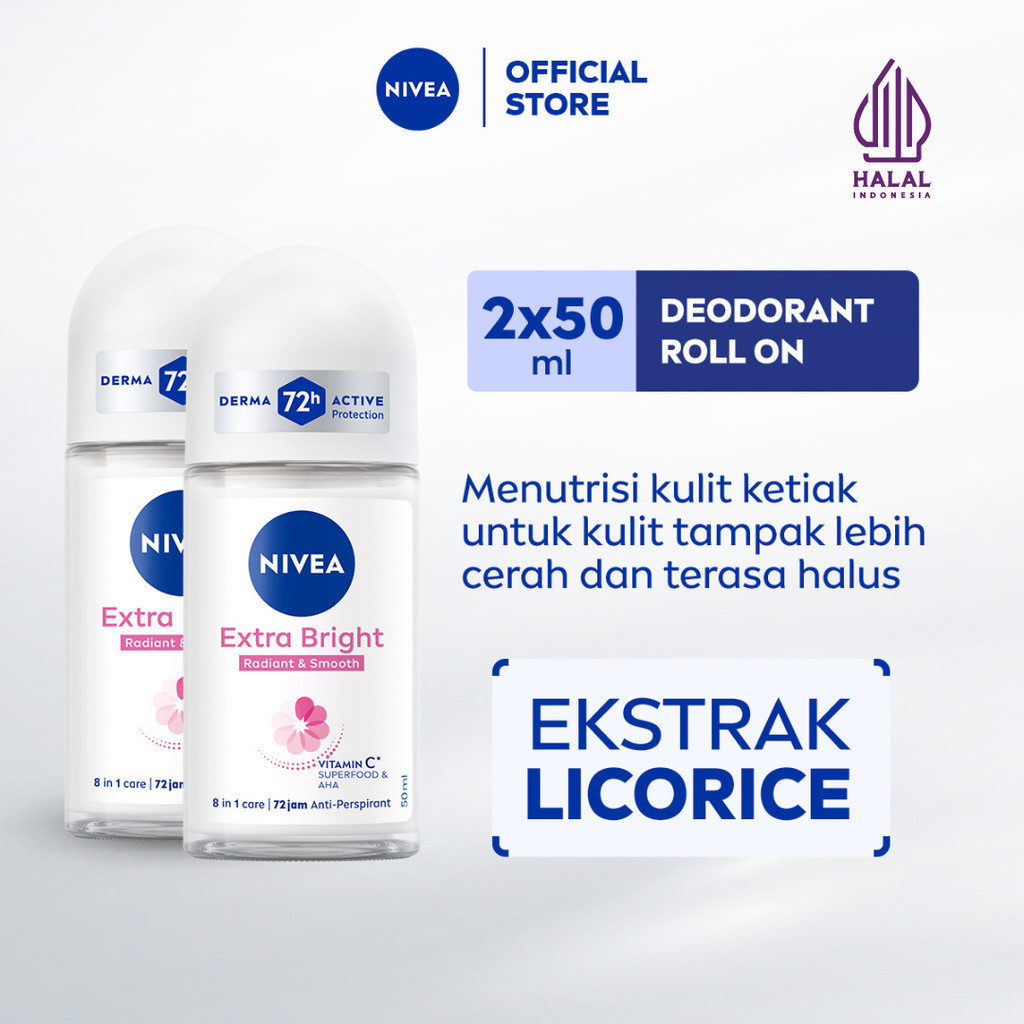(PAKET HEMAT ISI 2) NIVEA Deodorant Roll On Extra Bright Radiant & Smooth 50ml - Deodoran wanita men