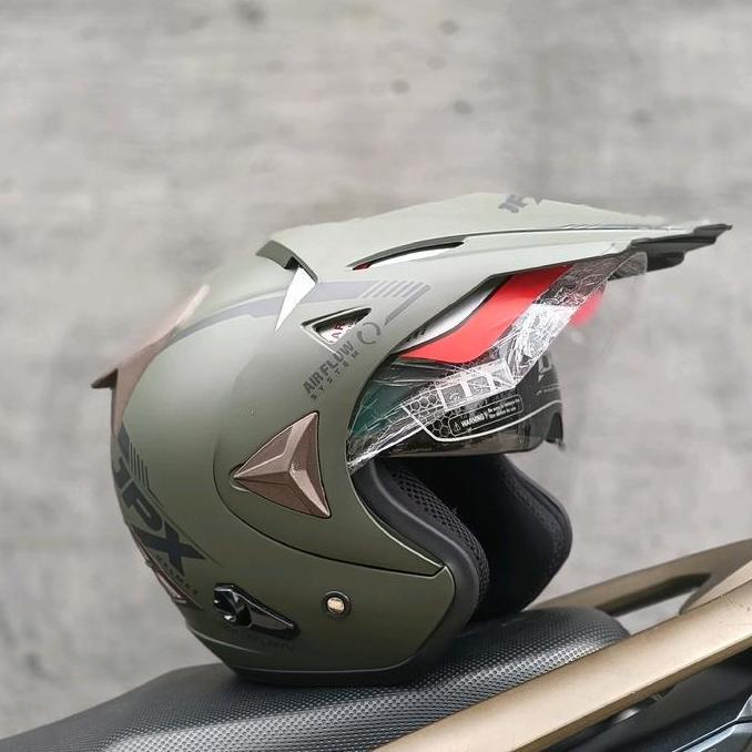 BEBAS ONGKIR - HELM HALFFACE JPX SUPERMOTO ARMY DOP, DOBLE VISOR, ORIGINAL