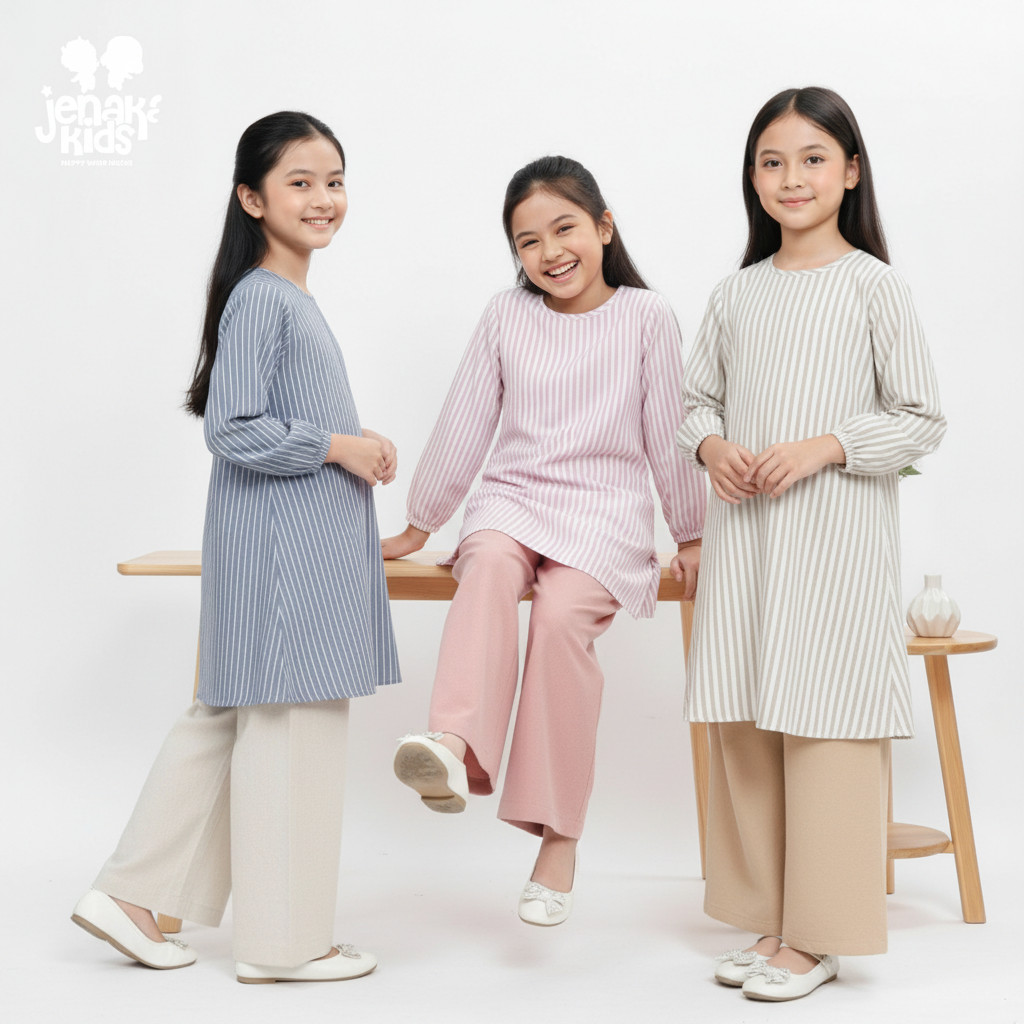 JENAKA KIDS - HANIYA One Set Tunik Salur Anak Perempuan Celana Kulot Bahan Premium Outfit Lebaran