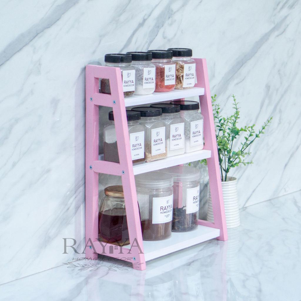 Rak Bumbu Dapur Kayu Serbgauna 3 Susun Medium Pink