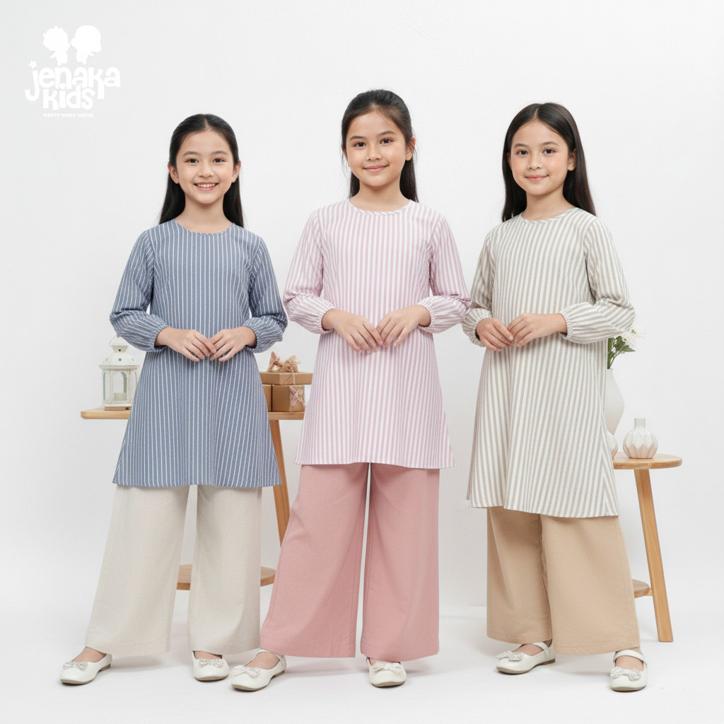 JENAKA KIDS - HANIYA One Set Tunik Salur Anak Celana Kulot Bahan Premium Outfit Hari Raya