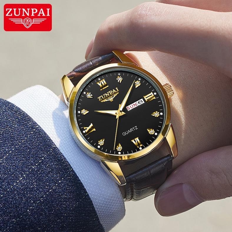 ZUNPAI Jam Tangan Pria Asli Anti Air Kalender Bercahaya Bisnis Baja Tahan Karat Emas Jam Tangan Pria
