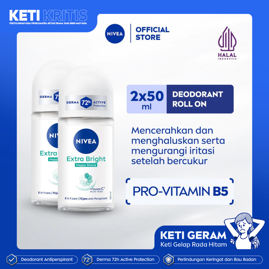 (PAKET HEMAT ISI 2) NIVEA Deodorant Roll On Brightening Happy Shave 50ml - Deodoran wanita mencerahk