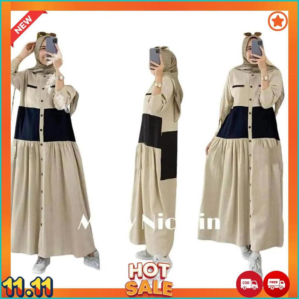 Gamis Perempuan Midi Dress Lebaran Fuul Kancing Tangan Panjang Nicolin Teta Terviral Terbaru Baju Wa