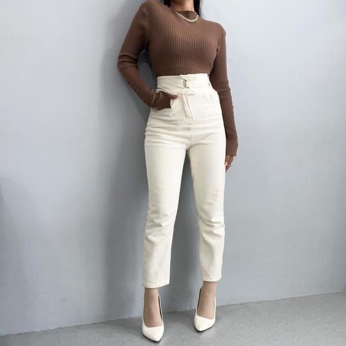 BL128 - -D46 Putih & Krem Jeans |Celana Jeans Highwaist Wanita Celana Panjang Jeans Highwaist Wanita