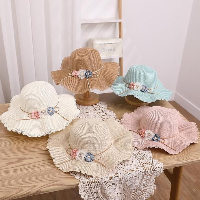 3-5 tahun Topi Pantai Import Anak Perempuan Dan Tas Jerami 3 BUNGA MUTIARA murah