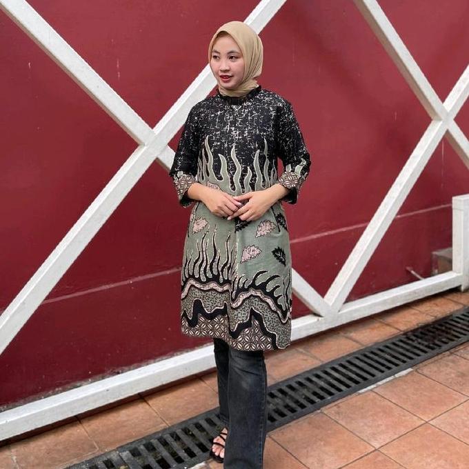 Promo Batik Tunik Qistina Bahan Katun Kombinasi  Motif Hitam Sage Cod