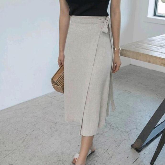 Korean Wrap Skirt ( Linen Skirt ) Panjang Midi HC