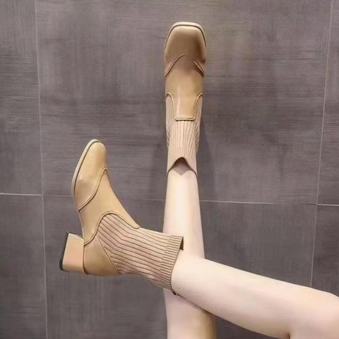 BOOTS LEATHER KNITTED 3CM HEELS KOREAN STYLE B48 KODE 242
