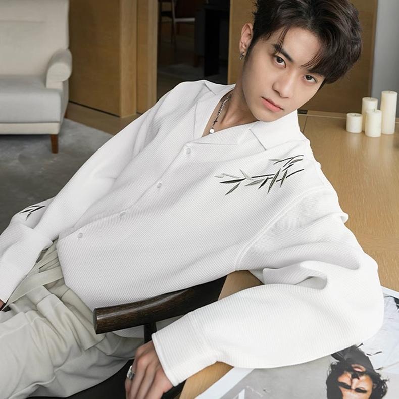 HOT DEALS kemeja korean style pria kemeja kasual pria baju kemeja cowok V Neck kemeja lengan panjang
