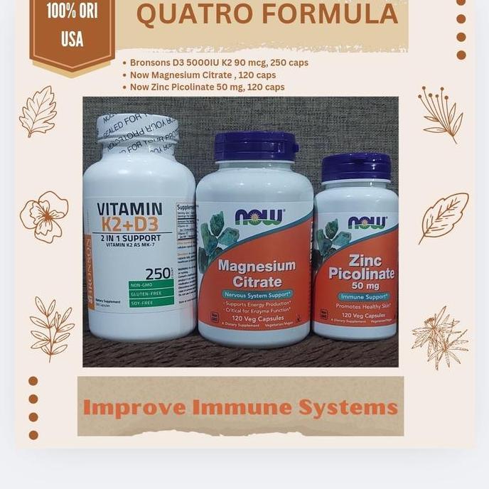 Quatro Formula D3 K2 250 caps, Magnesium Citrate Now, Zinc Picolinate Now