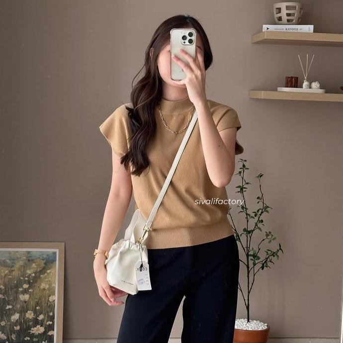 Momi- Sivali Eunji Knit Top - Baju Wanita Vest Turtleneck Rajut Tanpa Lengan | Inner Hijab - Atasan 