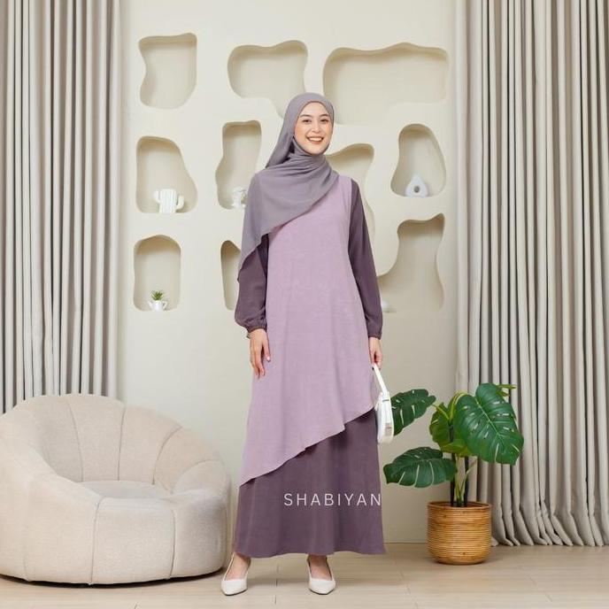 Shabiyan-456 Gamis Set Dress Muslimah Casual Outer Inner Dress Cardigan Lepas Pasang