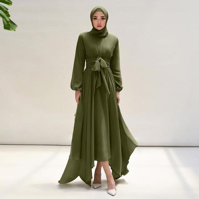 Demore Layerna Dress Elegan Simple Fashion Muslim Gaun Ceruty Babydoll Lapis Furing