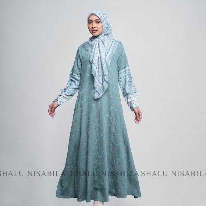 Shalu Nisabila - Jean Dress Gamis Bordir Kombinasi Panjang Coklat Maroon Grey Nyaman Syari Premium F