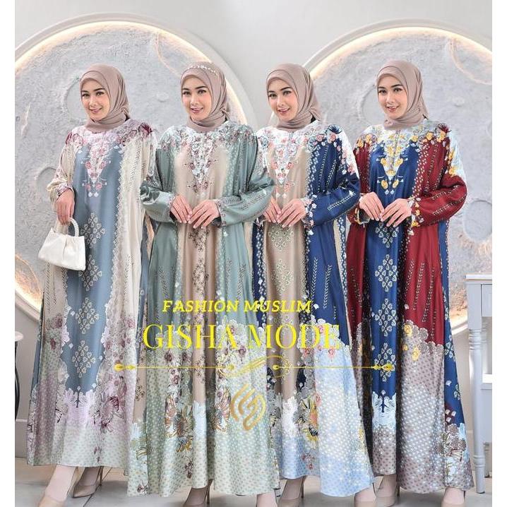Gisha Collection-Medinna Gamis Abaya Bahan Silk Premium |Gamis Motif Jumbo Ld 130 Cm Warna Navy,Crea