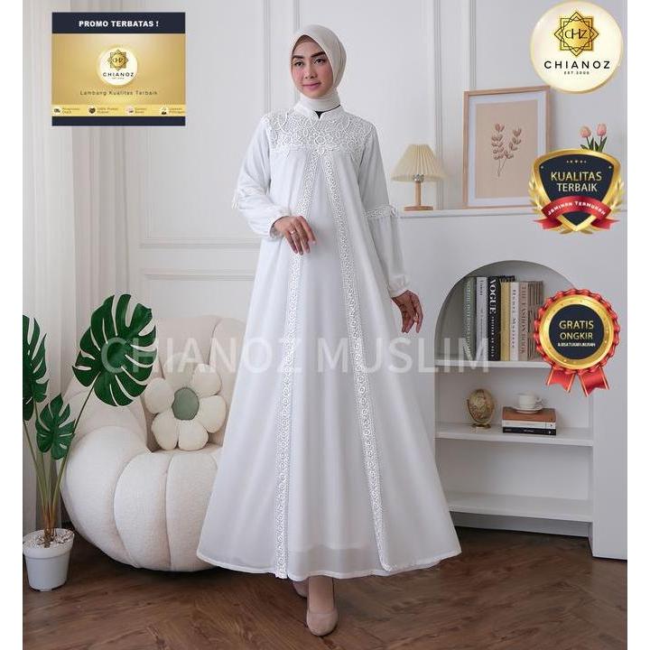Chianoz Gamis Putih Mewah Mariana Dress Brukat Renda Baju Lebaran Umroh Haji Maxi Syari Ceruty Musli
