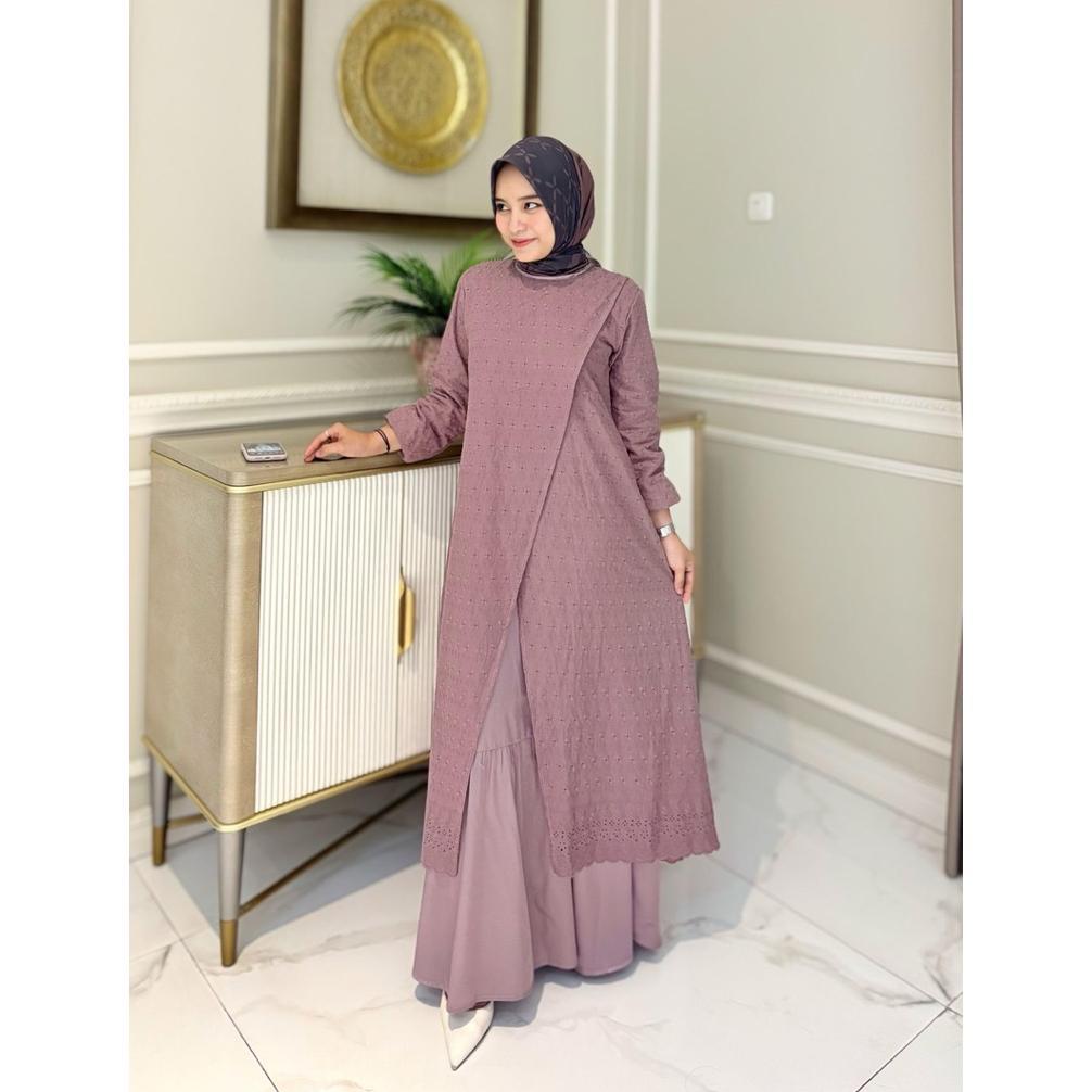 Gamis bahan katun Bordir mix  full furing armanisilk Retliting belakang Model katun bordir belah dep