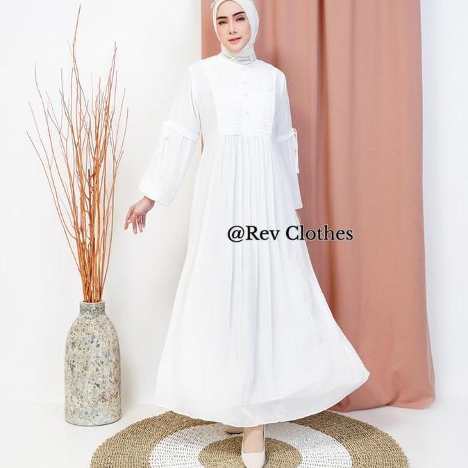Murah Baju Gamis Rev Putih Polos Renda Kombinasi Brukat Busana Haji dan Umroh Wanita Dewasa Muslim C