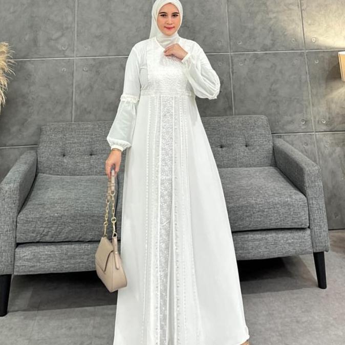 Murah Gamis Abaya Turkey Bordir Safira Full Putih Bw Tali Belakang Divvsaa Collection Terbaru - Musl