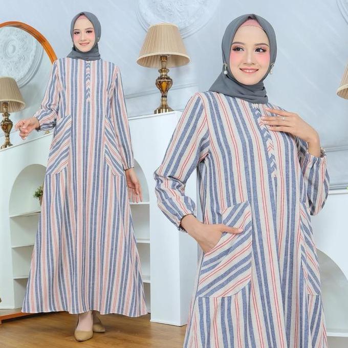 Murah Midori-Bazla Dress-Gamis Salur Linen Import - Gamis Wanita Dewasa Muslim Non COD