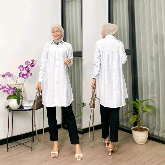 DISKON Zeva Tunik Polo Linen - Atasan Wanita Tunik Muslim Panjang Variasi Kancing Muslim Panjang Bas