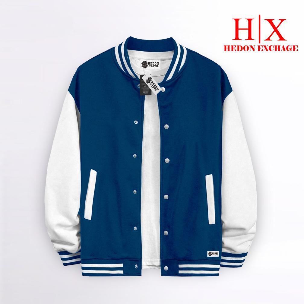 New Hedon State Jacket Varsity Baseball Kancing Polos Hitam Putih Pria Wanita Unisex Kekinian