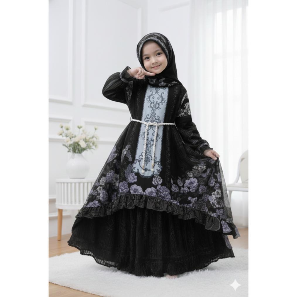 HOT DEALS Gamis Ceruty Babydoll Mix Brokat Chantilly Untuk Anak Perempuan Usia 3-12 Tahun Free Hijab