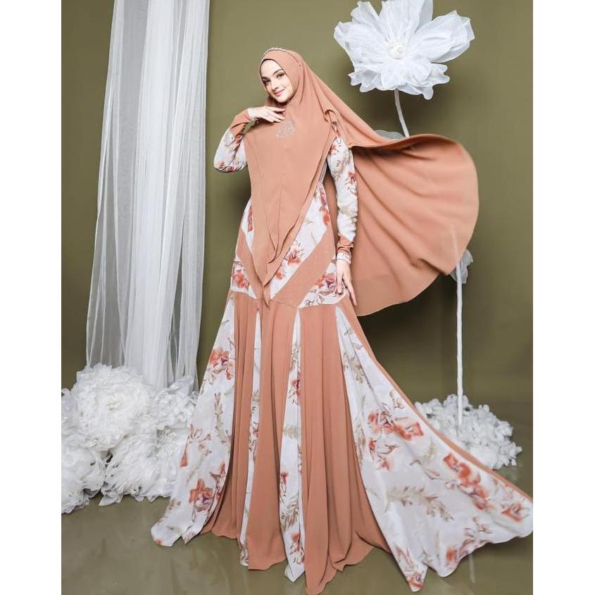 Clearance Sale - Shafa Luxury Dress Gamis Syari Elegan Premium Set Khimar Motif Floral Kombinasi (TE