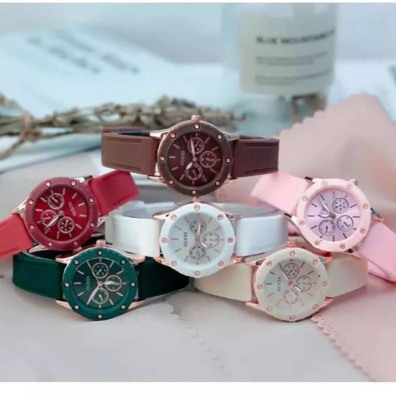(Grosir Cod)Jam Tangan wanita Fashion Gues Crono3 Varisi Strap Rubber/Karet(Dikirim Jakarta)