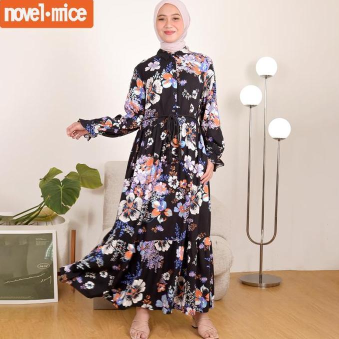 NovelMice|GamisWanitaRayon TwillBungaHitam|DressWanitaLenganPanjangMotifFloral