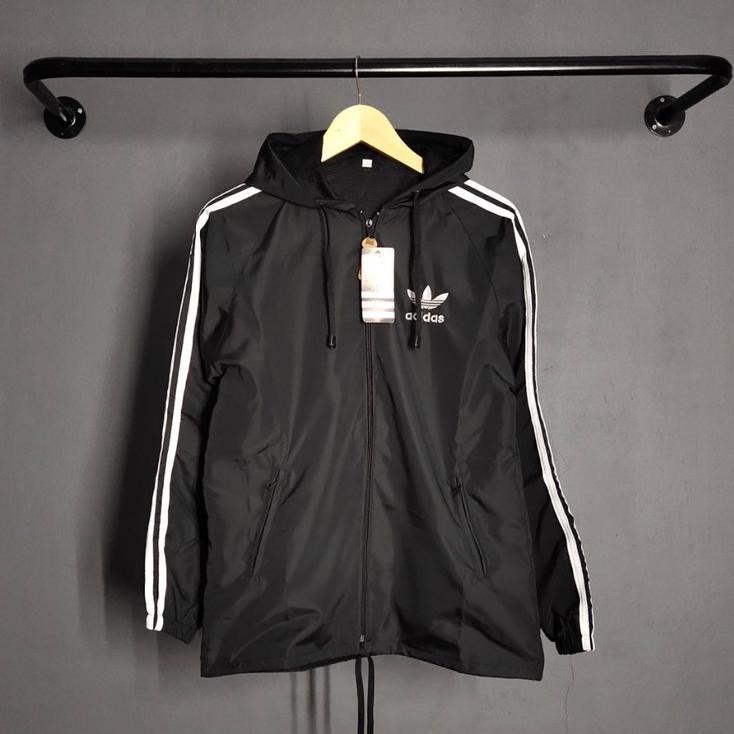 hot deals jaket pria parasut adidas windbteaker hitam list putih xl xxl - jaket parsut jumbo - jaket