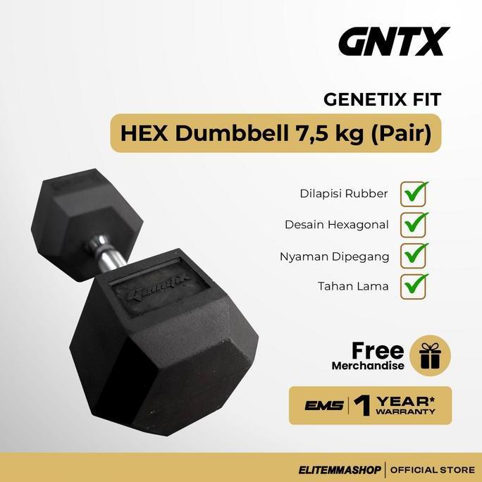 GENETIX FIT HEX Dumbbell 7.5KG (Pair) Angkat Beban Dumbell Fitness, Hexagonal Dumbbell Set, Barbell 