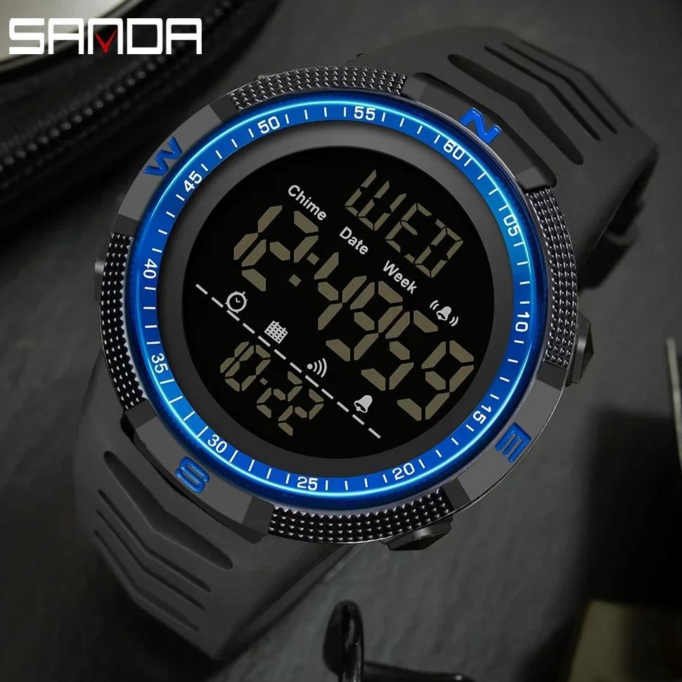SANDA 6014  Fashion Top Brand Waterproof Men Watch Multifunctional Luminous Digital Wristwatch Outdo