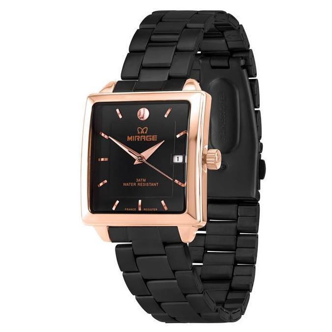 Mirage Watch - Jam Tangan Pria Anti Air Analog Mewah Segi Hitam Rosegold Garansi 8834 M
