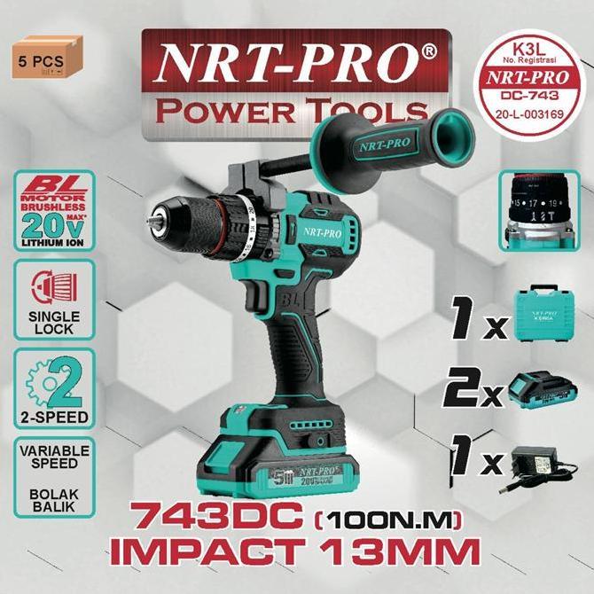 Miliki Nrt-Pro Dc 743 Mesin Bor Cordless Drill Set 20V Baterai Dc743 Impact