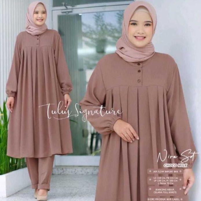 big sale size jumbo nira setcel long tunik + celana bahan catoon premium / setelan wanita terbaru mo