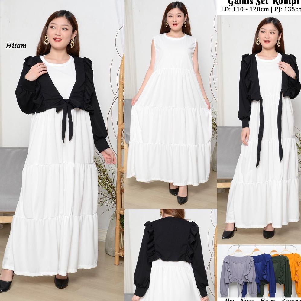 Gamis Set Rompi Jumbo Rample Bawah / Inner Putih Voxi Premium Fit XXL Ld 110-120