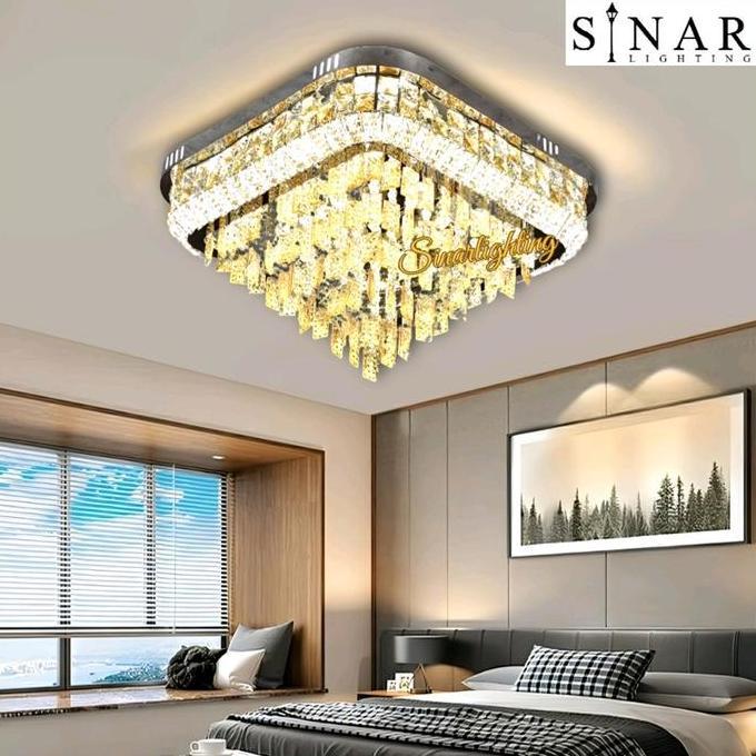 Promo Lampu Plafon Kristal Kotak 60 Cm + Remote Led 3 Cahaya 1001