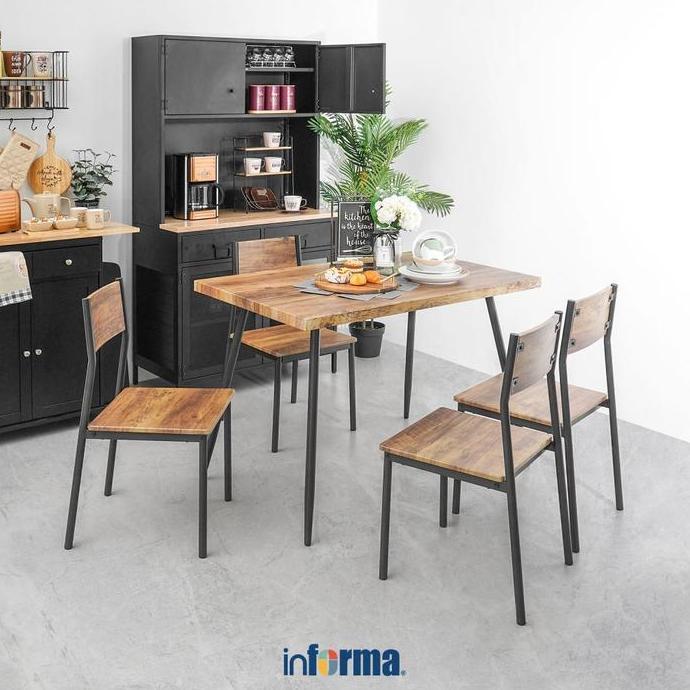 Informa Lexon Set Meja Makan 4 Kursi - Cokelat Walnut Dining Table Set Meja Kursi Ruang Makan Aesthe