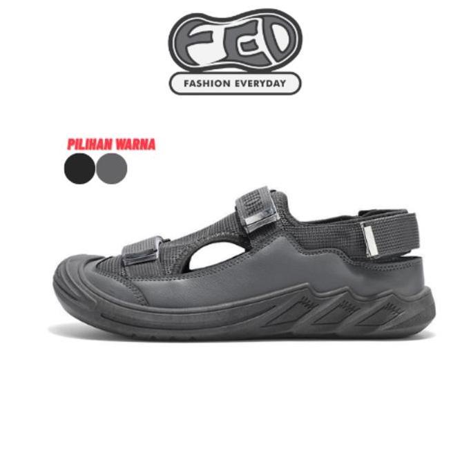 FED Sandal Pria Okayama Grey Anti Licin dan Berventilasi Sendal Santai outdoor Hiking Pantai Hitam