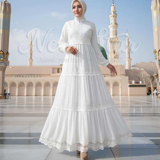 ''Terlaris" Newstar - Gamis Putih Lebaran 2026 Terbaru Baju Muslim Wanita Dress Madinah Mewah Simple
